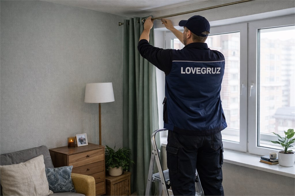 Мастер LOVEGRUZ устанавливает карниз или жалюзи
