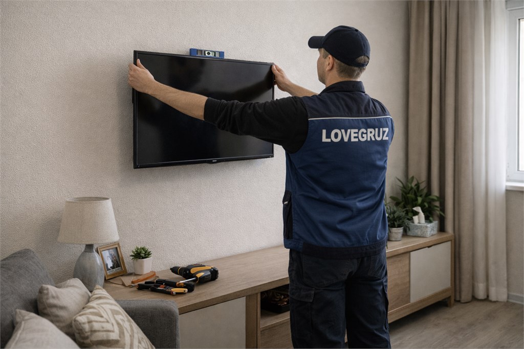 Мастер LOVEGRUZ вешает полку или телевизор
